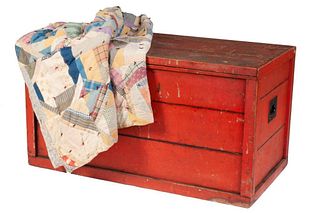 Red Painted Barnboard Chest.
