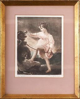 French Print on Silk of a Girl and Her Dog.