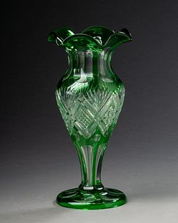 Green Cut to Clear Glass Vase
