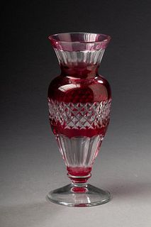 Val Saint Lambert Cranberry Cut to Clear Glass Vase.