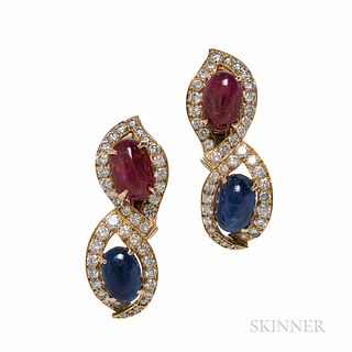18kt Gold, Ruby, Sapphire, and Diamond Earclips