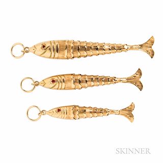 Three 18kt Gold Articulated Fish Pendants