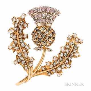 18kt Gold and Colored Diamond Thistle Brooch