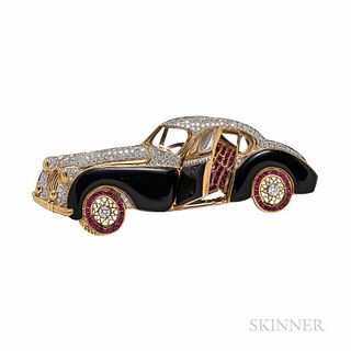 Gold, Onyx, Ruby, and Diamond Automobile Brooch