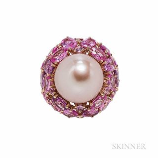 18kt Rose Gold, Pink Freshwater Pearl, and Pink Sapphire Ring