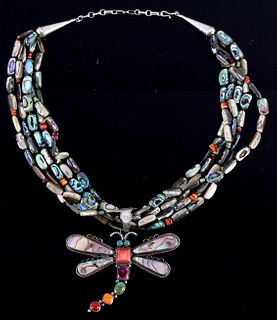 Navajo Mariano Abalone Inlaid Dragonfly Necklace