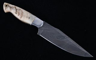M.T. Knives Damascus and Rams Horn Camp Knife