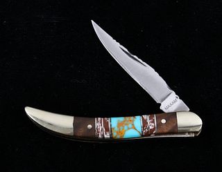 Navajo Turquoise & wood Inlaid Maxam Knife