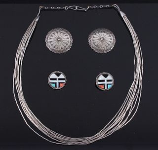 Navajo Sterling Earrings & Silver Beaded Necklace