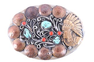 Nickel Silver Liberty Penny Turquoise Coral Buckle