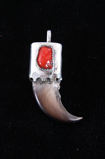Navajo Sterling Silver Red Coral Bear Claw Pendant