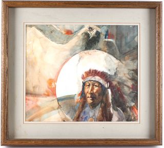 Watercolor Native American Chieftain and Hawk