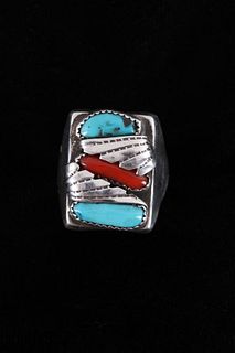 Navajo Sleeping Beauty Turquoise & Red Coral Ring