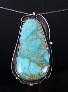 Navajo Signed Sterling Turquoise Pendant Necklace