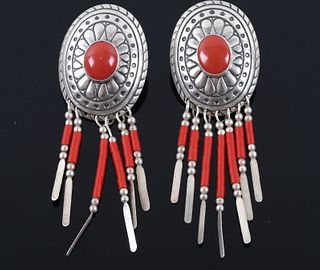 Navajo Sterling & Ox Blood Coral Signed Earrings