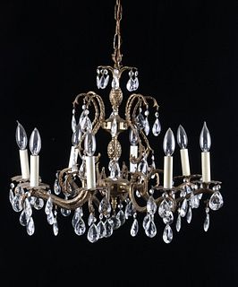 Art Nouveau Brass & Glass Eight Light Chandelier