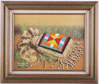 Guy Nez Jr. Beaded Pouch Oil on Canvas Painting
