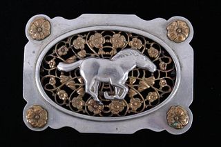 Montana Nickel Silver and Brass Horse Belt Buckle