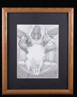 American Indian & Buffalo Skull Print By S. Moran