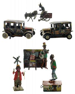 Six Vintage Litho-Tin Key-Wind Toys