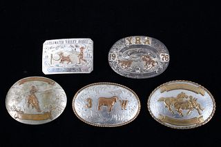 Collection of Five Silver Rodeo Belt Buckles
