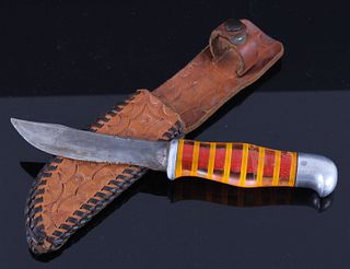Clear Orange Hilt Knife With Tooled Sheath