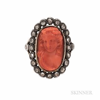 Coral Cameo and Diamond Ring