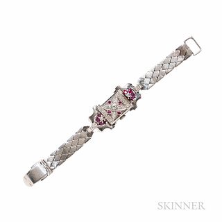 Retro 14kt White Gold, Ruby, and Diamond Covered Wristwatch