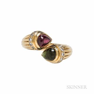 Marlene Stowe 18kt Gold and Pink and Green Tourmaline Bypass Ring