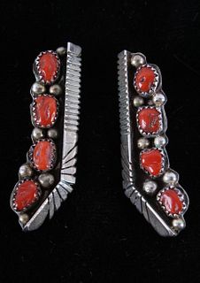 Navajo Sterling Silver & Red Coral Earrings