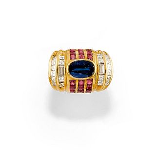 A 18K yellow gold, sapphire, ruby and diamond ring
