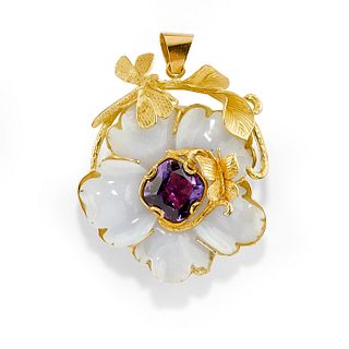 A 18K yellow gold, chalcedony and amethyst pendant