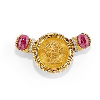 A 18K two-color gold, ruby, diamond and coin brooch
