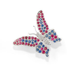 A 18K white gold, ruby, sapphire and diamond brooch