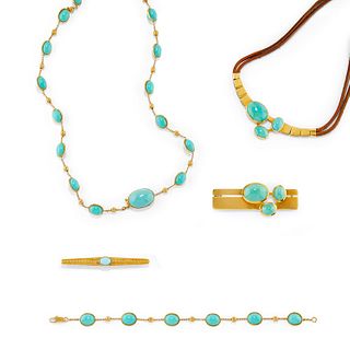 Lot of 18K yellow gold and turquoise jewels