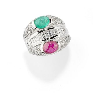 A 18K white gold, diamond, ruby and emerald ring