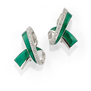 A 18K white gold, green enamel and diamond earclips, defects