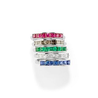 Five 18K white gold, diamond, emerald and ruby rings