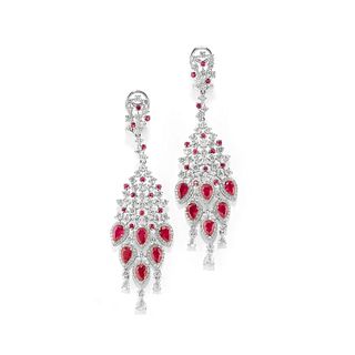 A 18K white gold, diamond and ruby pendant earrings