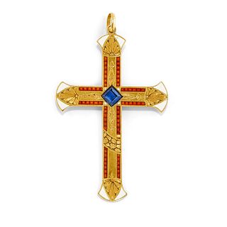 A 18K yellow gold, enamel and synthetic sapphire pendant