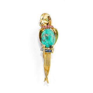 A 18K yellow gold, emerald, ruby, turquoise and sapphire brooch