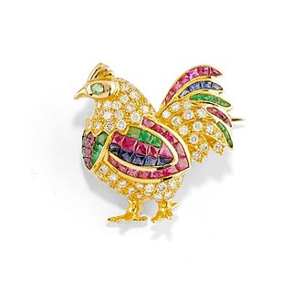 A 18K yellow gold, emerald, ruby, sapphire and diamond brooch, defects