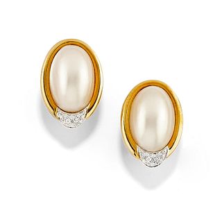 A 18K two-color gold, mabé pearl and diamond earrings