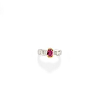 A 18K two-color gold, ruby and diamond ring