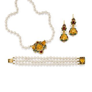A 18K yellow gold, micropearl, enamel and colored gemstone parure