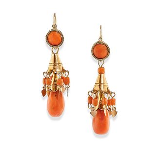 A low-carat yellow gold and coral pendant earrings, with box, defects