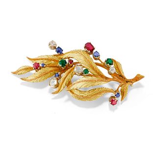A 18K three-color gold, ruby, sapphire, diamond and green gemstone brooch
