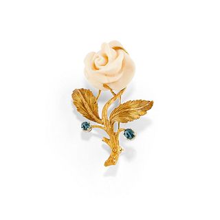 A 18K three-color gold, sapphire and coral brooch