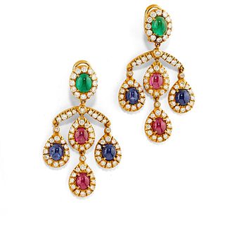 A 18K yellow gold, emerald, sapphire, ruby and diamond earrings