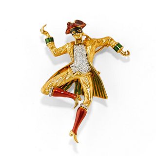 A 18K two-color gold, enamel and diamond brooch